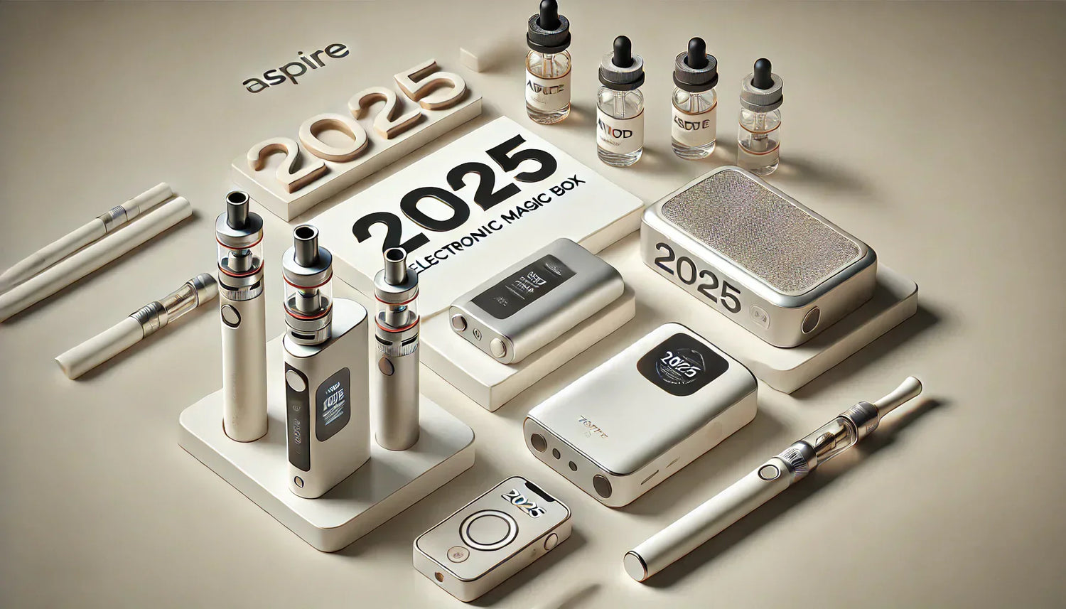 多款熱門電子煙主機並排展示,包含 Aspire、DOTMOD、東京魔盒等品牌,背景為霧氣與米色桌面,呈現科技感與潮流風格